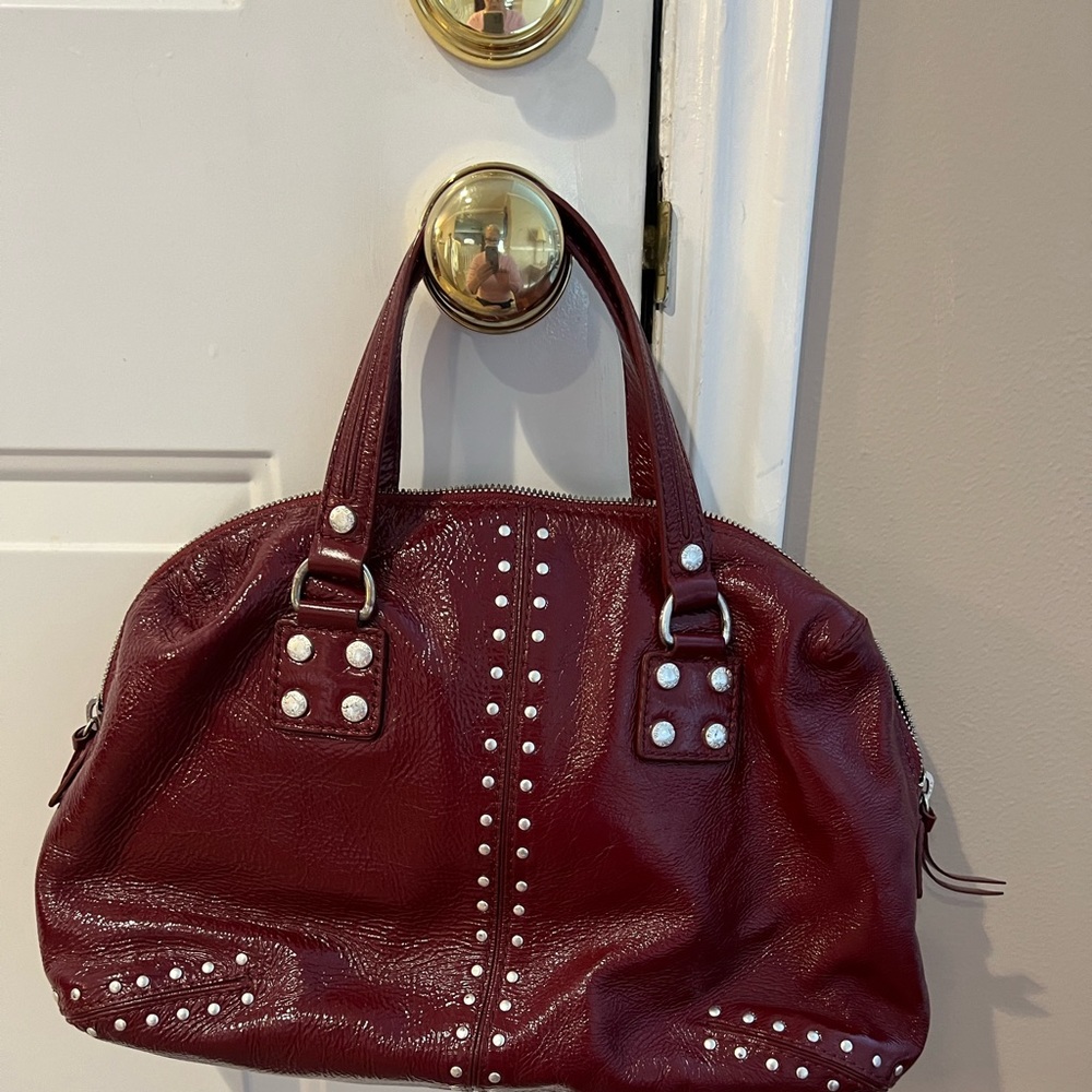 Michael Kors red shiny leather satchel handbag